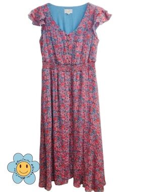 Fyve ~Midi Dress~Vibrant Pink& Blue Floral ~Smocked ~Cute Ruffly Flutter Sleeves